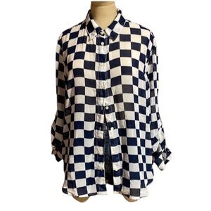 Joe Fresh Checkerboard Print Top Blue White Large Button Down Y2K Alt Grunge
